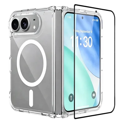 For iPhone Fold Magnetic Case TPU 2.0mm Acrylic Phone Cover with Silk Printing High Aluminium-silicon Glass Outer Screen Film - Transparent