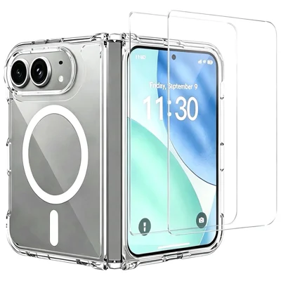 For iPhone Fold Magnetic Case TPU 2.0mm Acrylic Phone Cover + 2Pcs HD Clear High Aluminium-silicon Glass Outer Screen Film - Transparent
