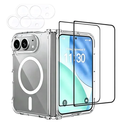 For iPhone Fold Magnetic Case TPU 2.0mm Acrylic Phone Cover + 2Pcs Silk Printing Tempered Glass Screen Film + 2Pcs Lens Film - Transparent