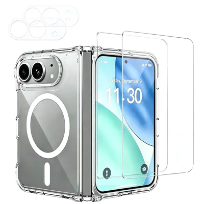 For iPhone Fold Magnetic Case TPU 2.0mm Acrylic Phone Cover + 2Pcs HD Clear High Aluminium-silicon Glass Screen Film + 2Pcs Lens Film - Transparent