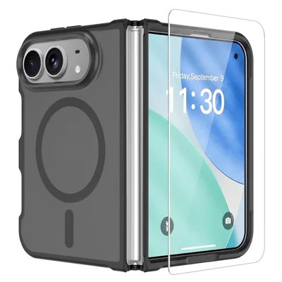 For iPhone Fold Magnetic Case TPU Acrylic Phone Cover with High Aluminium-silicon Glass Outer Screen Film - Black