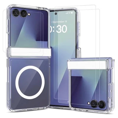 For Samsung Galaxy Z Flip8 Magnetic Case Hinge PC TPU Phone Cover + 2Pcs High Aluminium-silicon Glass Outer Screen Film + 2Pcs PET Inner Screen Film - Clear