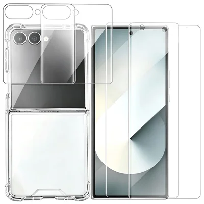 For Samsung Galaxy Z Flip8 Case TPU PC Phone Cover + 2Pcs 0.25 Arc Edge Tempered Glass Outer Screen Film + 2Pcs PET Inner Screen Film - Transparent