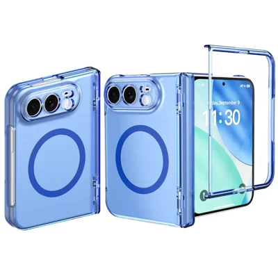Für iPhone Fold Magnetische Hülle Transparent PC + TPU Scharnier-Schutz Handyhülle mit HD-Displayschutzfolie aus Hartglas - Transparent Blau