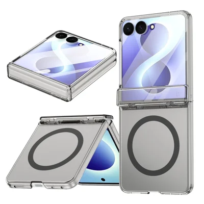 For Samsung Galaxy Z Flip8 Magnetic Case Clear PC + TPU Hinge Protection Phone Cover with HD Tempered Glass Film - Transparent Black