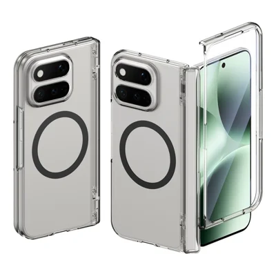For Google Pixel 11 Pro Fold Magnetic Case Clear PC + TPU Hinge Protection Phone Cover with HD Tempered Glass Film - Transparent Black