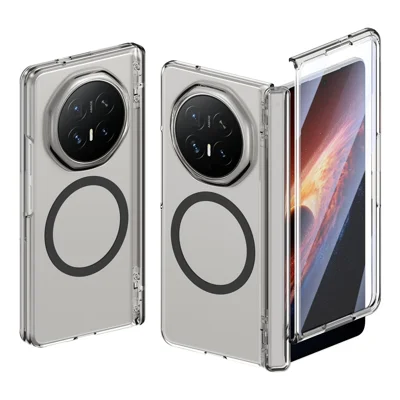Funda magnética transparente para Honor Magic V6 5G de PC + TPU con protección de bisagra y película de vidrio templado HD - Negro transparente