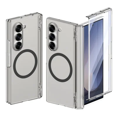 For Samsung Galaxy Z Fold6 5G Magnetic Case Clear PC + TPU Hinge Protection Phone Cover with HD Tempered Glass Film - Transparent Black