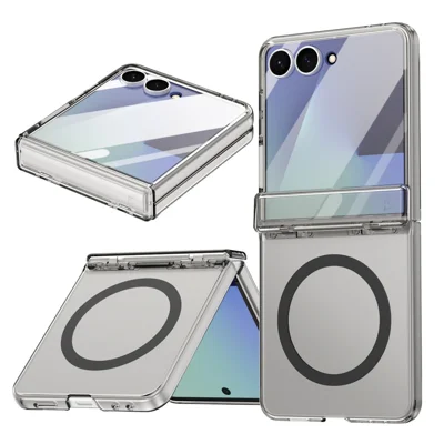 For Samsung Galaxy Z Flip7 5G Magnetic Case Clear PC + TPU Hinge Protection Phone Cover with HD Tempered Glass Film - Transparent Black