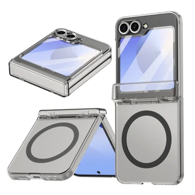 Custodia magnetica per Samsung Galaxy Z Flip5 5G, trasparente in PC + TPU con protezione cerniera, rivestimento in vetro temperato HD - Nero trasparente