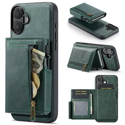 FIERRE SHANN FS031 for iPhone 17 Magnetic Case with Detachable Card Holder RFID Blocking TPU + PU Leather Phone Cover - Green