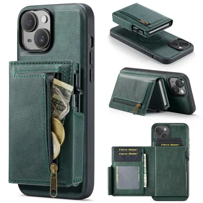 FIERRE SHANN FS031 for iPhone 14 / 13 Magnetic Case with Detachable Card Holder RFID Blocking TPU + PU Leather Phone Cover - Green