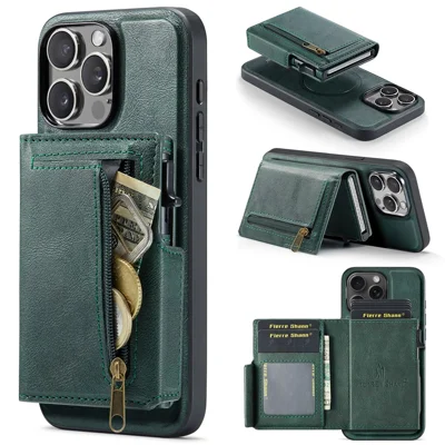 FIERRE SHANN FS031 for iPhone 12 Pro Max Magnetic Case with Detachable Card Holder RFID Blocking TPU + PU Leather Phone Cover - Green