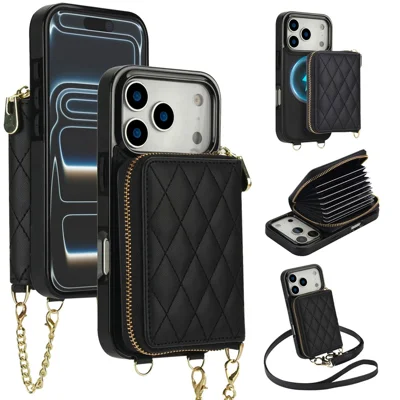 For iPhone 18 Pro Max / 17 Pro Max Magnetic Case Detachable Quilted Zipper Card Holder PU Leather Phone Back Cover with Crossbody Strap - Black