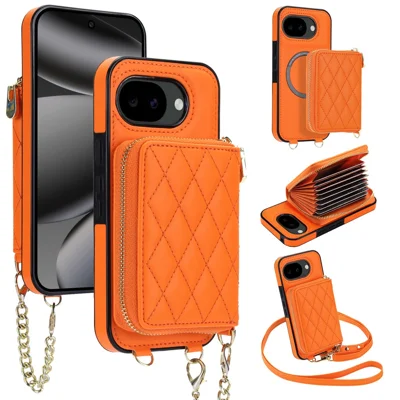 For Google Pixel 10a Magnetic Case Detachable Quilted Zipper Card Holder PU Leather Phone Back Cover with Crossbody Strap - Orange