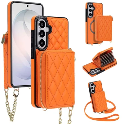 Magnetic Case for Samsung	Galaxy A26 5G / A17 5G / A17 4G , Detachable Quilted Zipper Card Holder PU Leather Phone Back Cover with Crossbody Strap - Orange