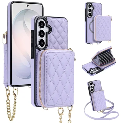 For Samsung Galaxy A16 5G / A16 4G Magnetic Case Detachable Quilted Zipper Card Holder PU Leather Phone Back Cover with Crossbody Strap - Purple