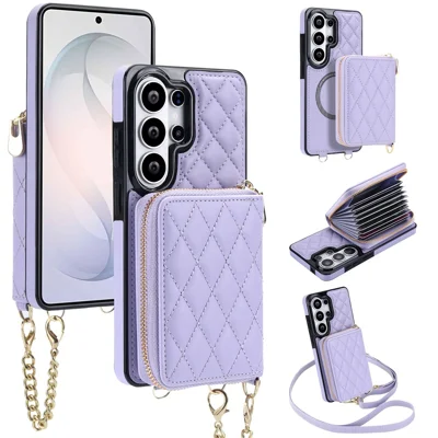 For Samsung Galaxy S24 Ultra Magnetic Case Detachable Quilted Zipper Card Holder PU Leather Phone Back Cover with Crossbody Strap - Purple