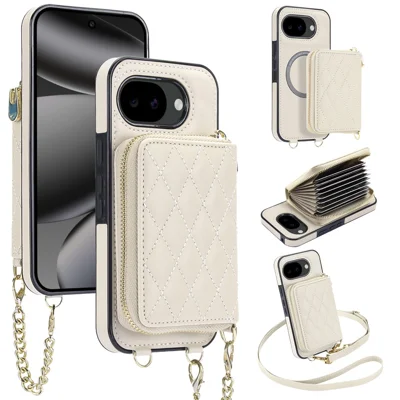 For Google Pixel 9a Magnetic Case Detachable Quilted Zipper Card Holder PU Leather Phone Back Cover with Crossbody Strap - White