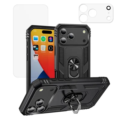 For iPhone 18 Pro Case Rotating Ring Kickstand TPU + PC Dual-Layer Phone Cover with High Aluminium-silicon Glass Screen Protector + Tempered Glass Lens Protector - Black