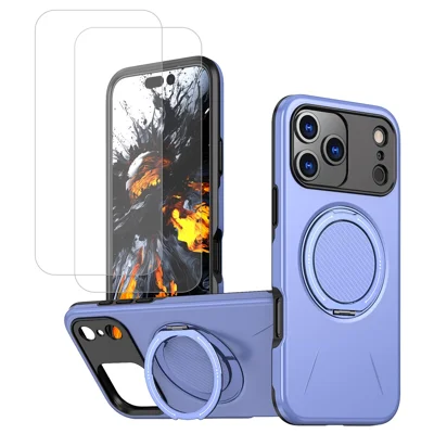 Til iPhone 18 Pro Max / 17 Pro Max Magnetisk Case med Roterende Stande PC + TPU Telefondæksel med 2 stk. Højkvalitet Aluminium-silicium Glas Skærmværn - Lilla