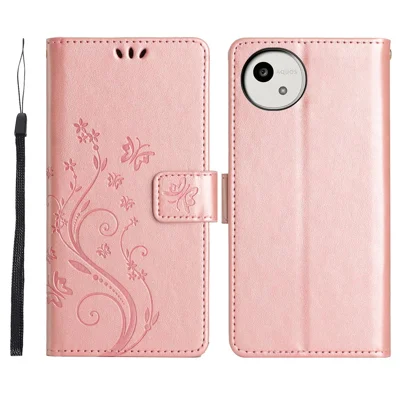 For Sharp Aquos Wish6 Leather Wallet Case Butterfly Flower Imprinted Phone Cover with Strap - Rose Gold