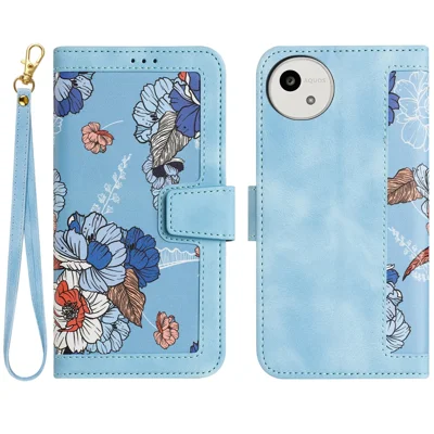 For Sharp Aquos Wish6 Case PU Leather Floral Phone Cover with Card Slots and Wrist Strap - Baby Blue