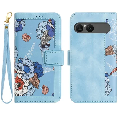 For Sony Xperia 10 III 5G / 10 III Lite Case PU Leather Floral Phone Cover with Card Slots and Wrist Strap - Baby Blue