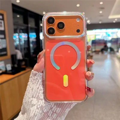 لـ iPhone 18 Pro / 17 Pro غطاء مغناطيسي بحلقة هولوغرامية وإطار عدسة PC + TPU مقاوم للصدمات - برتقالي