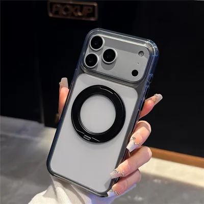 Voor iPhone 18 Pro Max / 17 Pro Max Magnetische Case TPU + PC Draaibare Standaard AI-knop Matte Telefoonhoes - Transparant Zwart