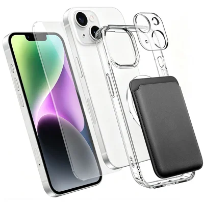 غطاء لهاتف iPhone 14 مغناطيسي TPU + غطاء هاتف PC مع واقي شاشة من الزجاج عالي السيليكون والألومنيوم + واقي عدسة + حامل بطاقة - شفاف