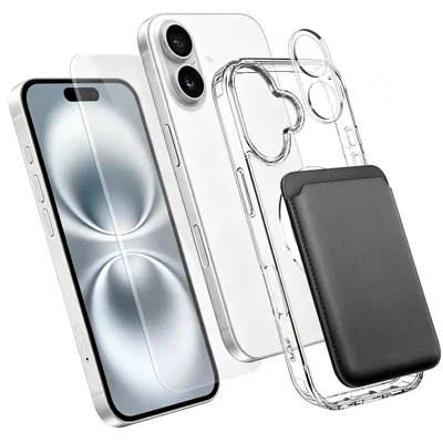 Obudowa magnetyczna na iPhone'a 16 z tworzywa TPU i PC z hartowanym szkłem alumokrzemowym, ochroną obiektywu i uchwytem na kartę – przezroczysta