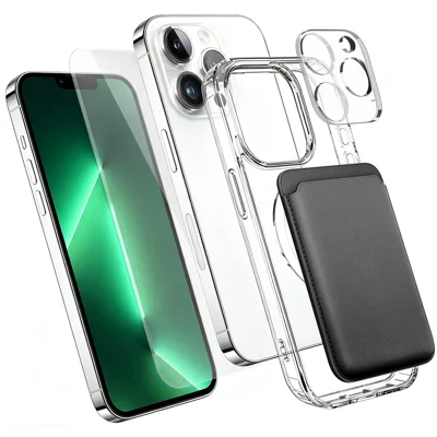  For iPhone 13 Pro Magnetic Case TPU + PC Phone Cover with High Aluminium-silicon Glass Screen Protector + Lens Protector + Card Holder - Transparent
