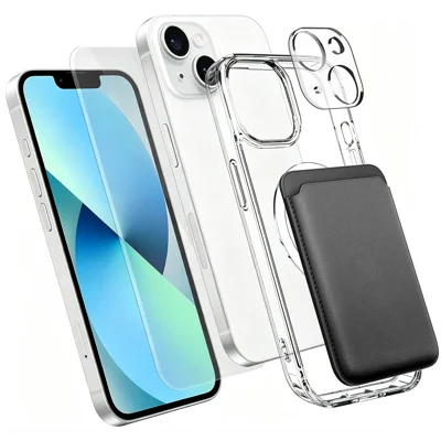  For iPhone 13 Magnetic Case TPU + PC Phone Cover with High Aluminium-silicon Glass Screen Protector + Lens Protector + Card Holder - Transparent
