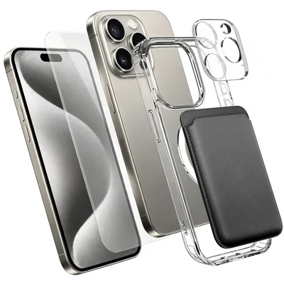  For iPhone 15 Pro Max Magnetic Case TPU + PC Phone Cover with High Aluminium-silicon Glass Screen Protector + Lens Protector + Card Holder - Transparent
