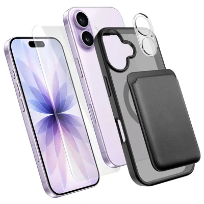  Voor iPhone 17 Magnetische Case TPU + PC Telefoonhoes met Hoogwaardig Aluminium-silicium Glas Schermbeschermer + Lensbeschermer + Kaarthouder - Zwart