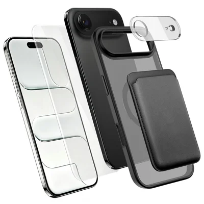 Voor iPhone Air Magnetische Hoes TPU + PC Telefoonhoes met Hoge Aluminium-silicon Glas Beschermfolie + Lensbescherming + Kaarthouder - Zwart