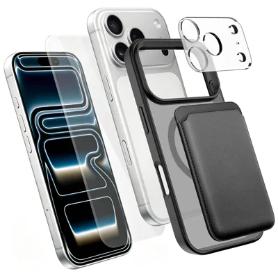 For iPhone 17 Pro Magnetic Case TPU + PC Phone Cover with High Aluminium-silicon Glass Screen Protector + Lens Protector + Card Holder - Black