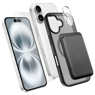 Etui magnetyczne do iPhone 16, obudowa TPU + PC z hartowanym szkłem alumokrzemowym 9H, ochrona obiektywu aparatu i uchwyt na kartę - Czarny