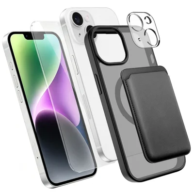 للهاتف iPhone 14 غطاء مغناطيسي من مادة TPU + PC مع واقي شاشة من الزجاج المعالج عالي السيليكون والألومنيوم + واقي عدسة + حامل بطاقة - أسود