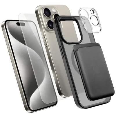  For iPhone 15 Pro Max Magnetic Case TPU + PC Phone Cover with High Aluminium-silicon Glass Screen Protector + Lens Protector + Card Holder - Black
