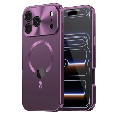 For iPhone 18 Pro Magnetisk Case med Logo Udsnit Stødfast Metal Akryl Telefonbeskyttelse med Hærdet Glas Skærmfilm - Blålig Lilla
