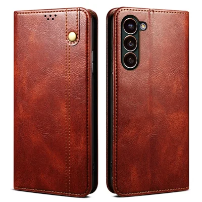 Phone Wallet Case For Samsung Galaxy S23+ Waxy Crazy Horse Texture PU Leather Stand Magnetic Absorption Cell Phone Cover - Brown