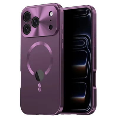 For iPhone 18 Pro Magnetic Case Logo Cutout PC + Metal Phone Cover with Anti Spy Screen Film - Plum