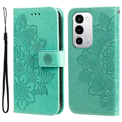 غطاء هاتف من جلد البولي يوريثان الصناعي بتصميم زهري مع محفظة وحامل لهاتف Realme C100i 4G / Realme C100x 4G / Realme C100 4G - أخضر