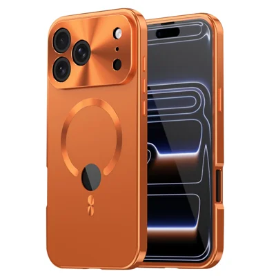 Capa Magnética para iPhone 17 Pro Max com Recorte para Logo, Capa à Prova de Choques em Metal e Acrílico com Filme de Vidro Temperado - Laranja