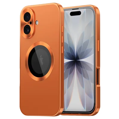 For iPhone 17 Magnetic Case Logo Cutout Shockproof Metal Acrylic Phone Cover with Tempered Glass Screen Film - Orange