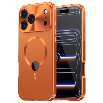 For iPhone 17 Pro Magnetic Case Logo Cutout Shockproof Metal Acrylic Phone Cover with Tempered Glass Screen Film - Orange