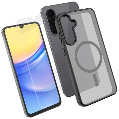  For Samsung Galaxy A15 5G / Galaxy A15 4G Magnetic Case TPU + PC Phone Cover with High Aluminium-Silicon Glass Screen Protector - Black