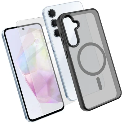  For Samsung Galaxy A35 5G Magnetic Case TPU + PC Phone Cover with High Aluminium-Silicon Glass Screen Protector - Black
